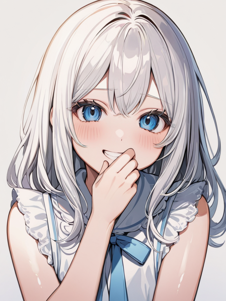 masterpiece,ultra-detailed,best quality,8K,illustration,cute face,clean skin ,shiny hair,girl,ultra-detailed-eyes,simple background, <lora:add-detail-xl:1>   <lora:hand over own mouth_XL_V1.0:1> hand over own mouth, covering own mouth, blush,grin