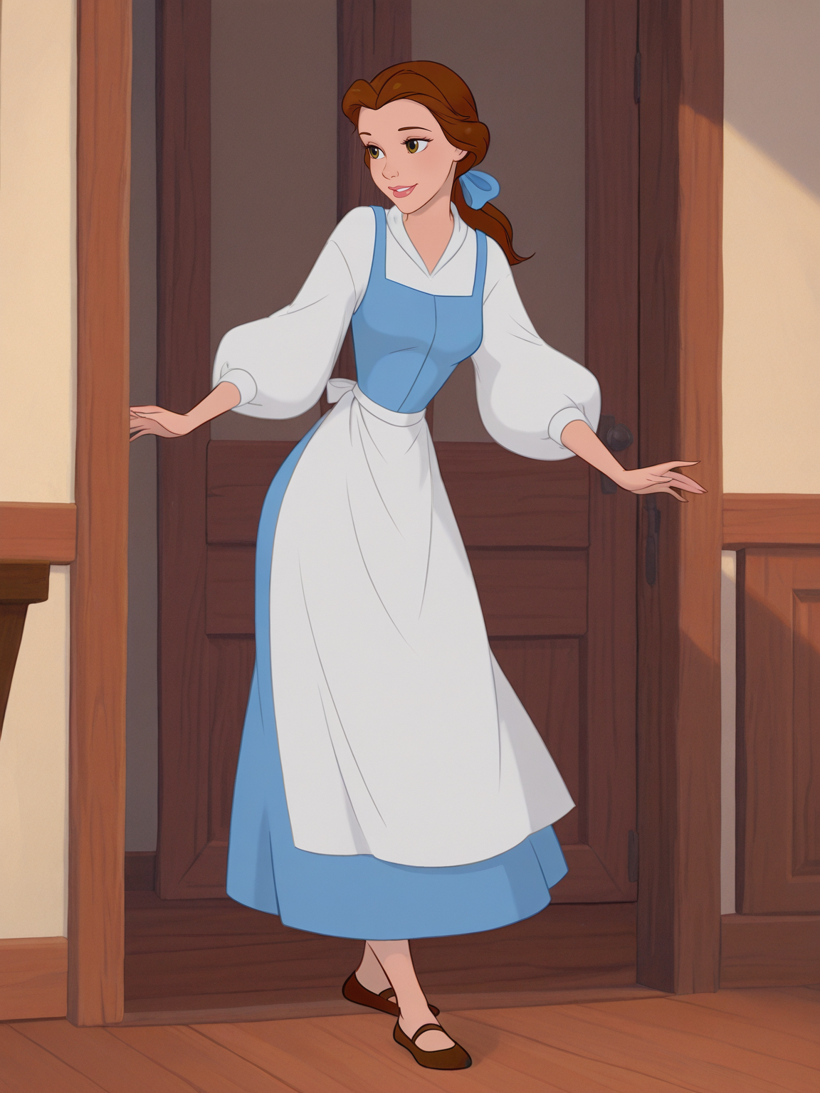 <lora:BelIL:0.8> be_le, 1girl, long brown hair, ponytail hair by a ribbon, hazel eyes, pink lips, duchess nose, cerulean blue sleeveless dress, white long puffy-sleeved shirt, white apron, dark brown ballet