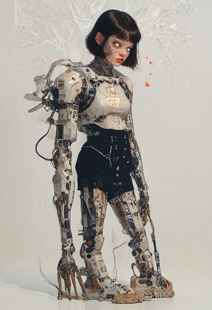 score_9,score_8_up,score_7_up,score_6_up,score_5_up,score_4_up, full body, tomie kawakami, standing in lost city, solo,female focus,looking at the spectator,(Heart-shaped face, dark blue eyes, plump lips, short bob-cut dark brown hair, 5'6", 125 lbs, medium breasts, narrow waist, slender figure, a star tattoo on the ankle, pale skin, angular jawline, and slightly upturned nose.:1.3),(A gold lace bra paired with a black puffy mini skirt, and finished with bold gold high heels on a platform, featuring exquisite lace designs and a skirt made of rich velvet fabric, providing a luxurious and captivating look.:1.3),(plain contrasting background:1.3),(full-length:1.5),hands,Perfect hand,Perfect feet,Perfect eyes,cyb0rg,science fiction,cable,mechanical parts,<lora:feet v3:1>,<lora:hand 4:1>,<lora:PerfectEyesXL:1>,zPDXL2,zPDXLpg,<lora:cyb0rgXLP:0.8>,<lora:add-detail-xl:1>,<lora:DP-Pony:1>,p33rs,<lora:incase-ilff-v3-4:0.2>,