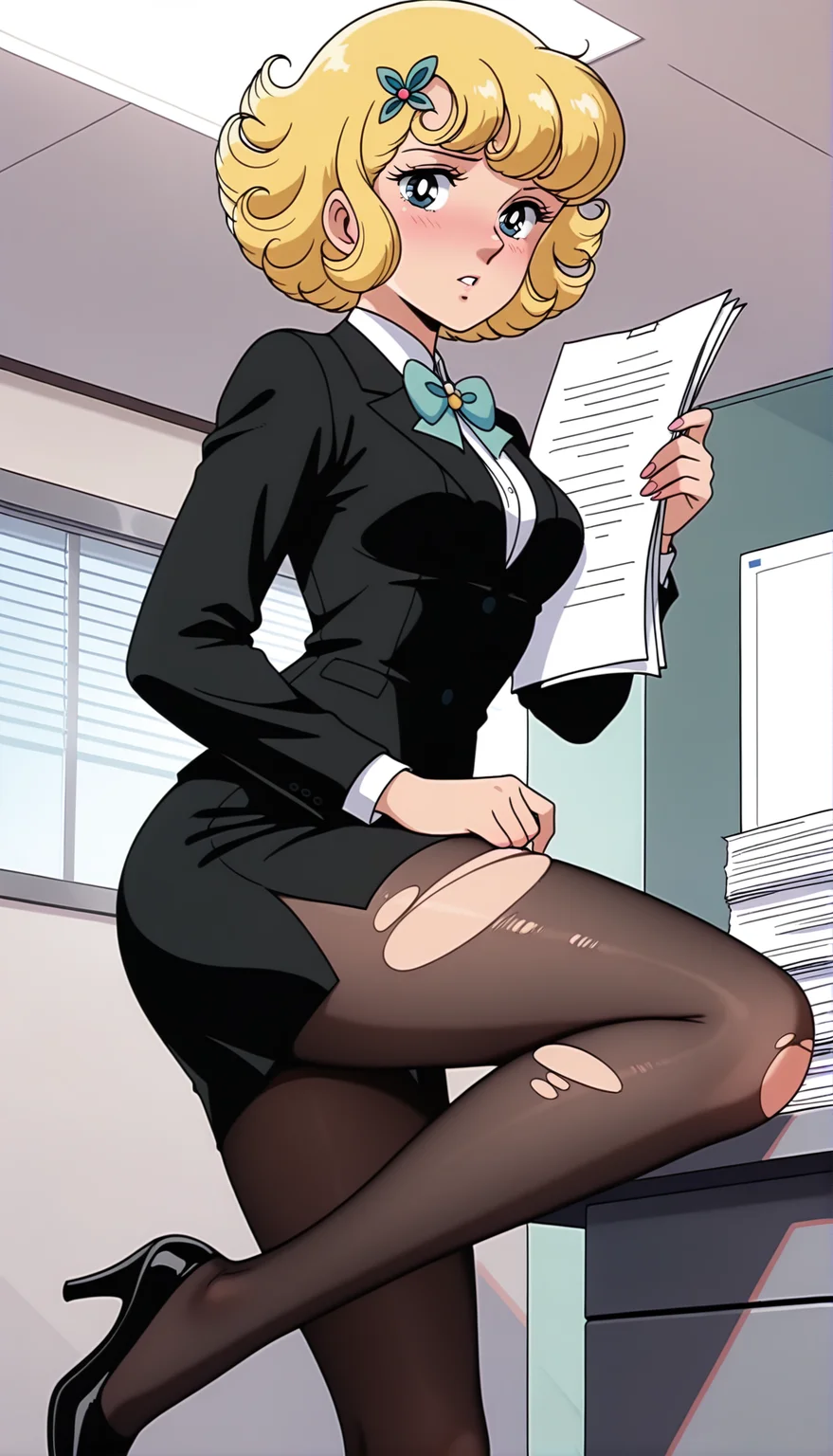masterpiece,best quality,amazing quality,luluill,1girl,solo,retro artstyle,1970s \(style\),blonde hair,short hair,curly hair,blue eyes,office lady,pantyhose,skirt,blush,holding paper,pencil skirt,paper,jacket,hair ornament,shirt,black footwear,indoors,standing,black jacket,holding,breasts,suit,formal,high heels,torn clothes,office,torn pantyhose,black skirt,standing on one leg,hairclip,leg up,collared shirt,long sleeves,black pantyhose,parted lips,miniskirt,medium breasts,bow,looking at viewer,skirt suit,<lora:luluill:0.8>,