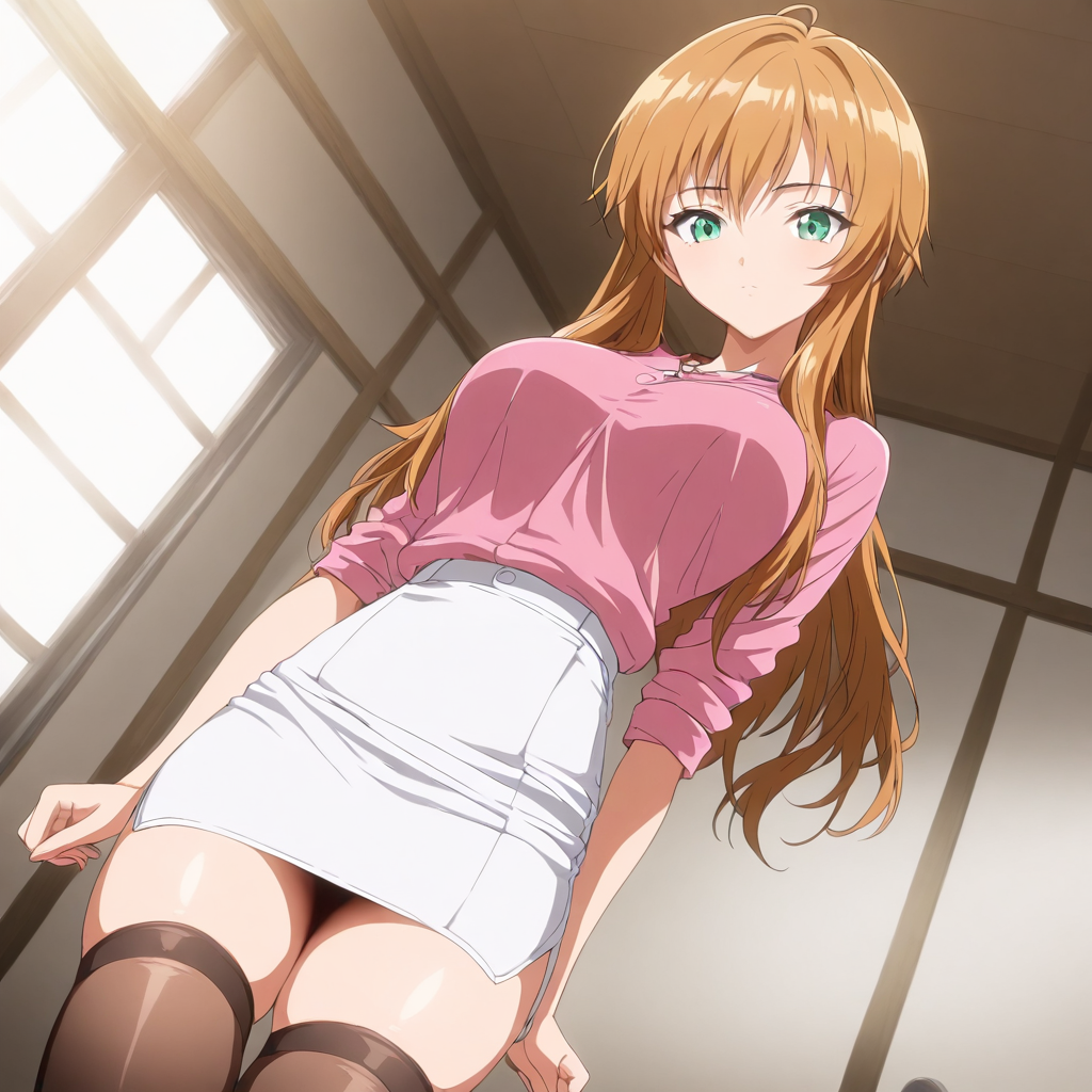 masterpiece,high score,great score,absurdres,looking at viewer,1girl,solo,cowboy_shot,pink shirt,white pencil skirt,thighhighs,<lora:Misaki_Hold ag4o v1:1> misaki_hold, brown hair, long hair, green eyes,