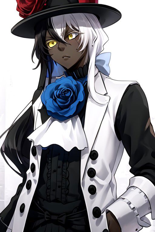 shiromi, hat, dark skin, yellow eyes, heterochromia, white hair, flower, long hair, blue flower, multicolored hair, black hair, top hat, blue rose, rose, 1boy, black headwear, dark-skinned male, formal, purple eyes, black sclera, cracked face, colored sclera