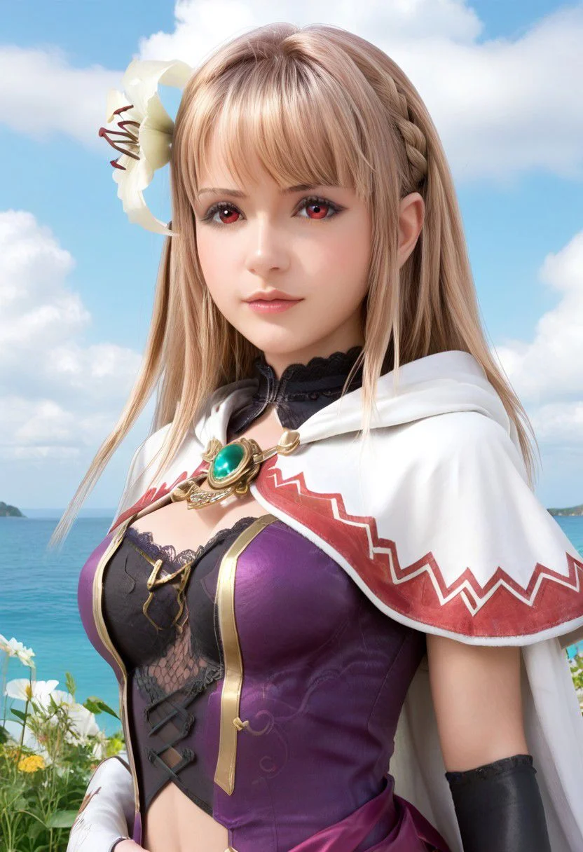 score_9, score_8_up, score_7_up, score_6_up, score_5_up, 1girl, big eyes, sexy, female focus, fantasy, expressive, skindentation, pale, skinny, tiny, masterpiece, 32K HD, beautiful attention to detail, detailed eyes, shiny skin, showing lots of skin, wide lens, perfect hands, perfect eyes, 3d, textured skin, realistic, photorealistic, ultrarealistic, mature content, clothed female, uncensored, zPDXL2, zPDXLxxx, Fina (FFBE), source_final fantasy, blonde hair, hair flower, flower, hair ornament, hair clip, long hair, navel, makeup, stomach cutout, red eyes, blunt bangs, sidelocks, braid, purple dress, multicolored dress, skirt, frilled skirt, frills, black thighhighs, white boots, elbow gloves, multicolored gloves, fingerless gloves, gold trim, capelet, white cape, chest ornament, cowboy shot, upper body, close up, clouds, outdoors, nature