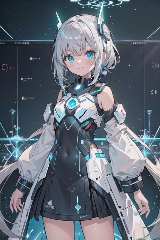 (masterpiece), (science fiction:1.4), 1girl, standing, smile, silver hair, aqua eyes, headgear, long sleeves, detached sleeves, glowing energy clothing, light particles