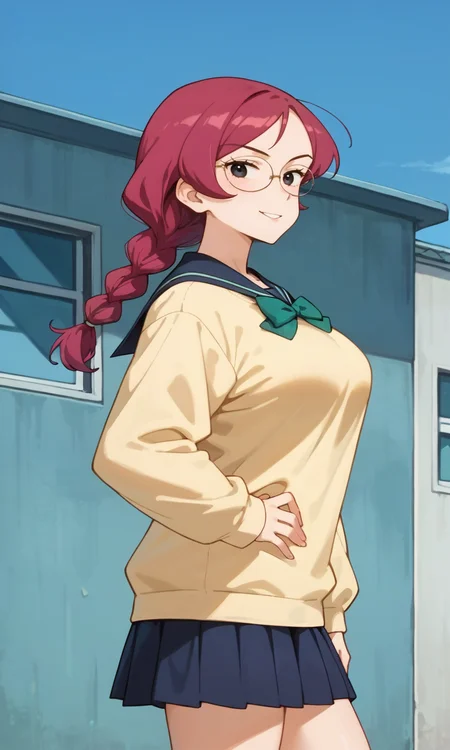 (1girl:1.5), (solo:1.3), (score_9, score_8_up, score_7_up, score_6_up, score_5_up, score_4_up), (source_anime), rating_questionable, (cowboy shot:1.5), school, smirk, outdoors, blue sky,
(yellow sweater, oversized clothes, long sleeves, blue sailor collar, green bowtie, blue skirt, pleated skirt, miniskirt, white socks, black footwear), (large breasts), <lora:kannazuki-sheila-school_v1:0.8> (kannazuki-sheila), (black eyes, eyelashes, magenta hair, long hair, single braids, parted bangs), (bob bangs, flipped hair, parody hair:1.4), (large breasts), (oval glasses:1.2), (from side:1.3), hand on own hip