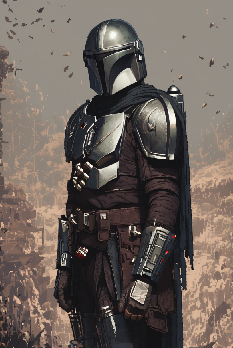 The Mandalorian, solo, gloves, 1boy,  helmet, science fiction,
 armour, gunmetal armour trim, intricate patterns, highly precise
Thunder, lighting, complex clouds
[pixel art,  detailed,]
  <lora:d3p1x3lXLP:1>  <lora:The Mandalorian PONY:1>