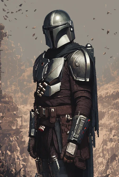 The Mandalorian, solo, gloves, 1boy,  helmet, science fiction,
 armour, gunmetal armour trim, intricate patterns, highly precise
Thunder, lighting, complex clouds
[pixel art,  detailed,]
  <lora:d3p1x3lXLP:1>  <lora:The Mandalorian PONY:1>