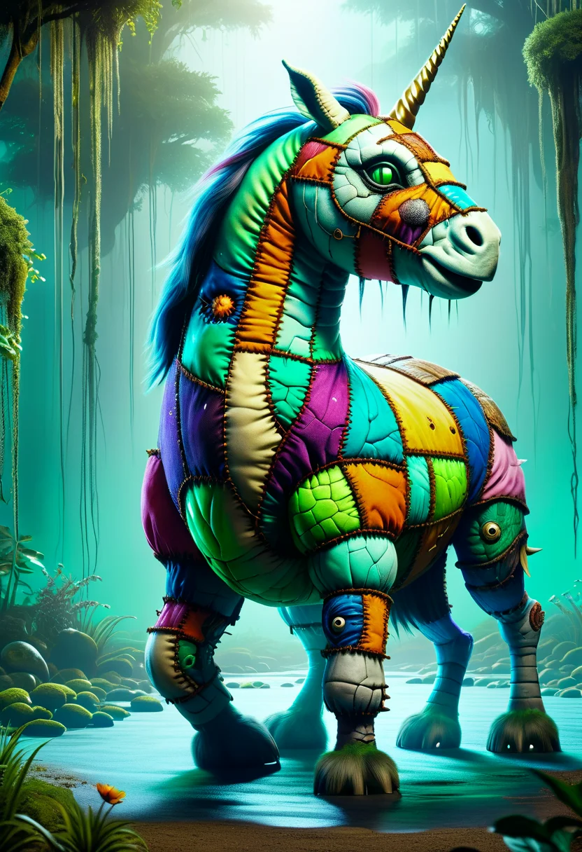 hyper detailed masterpiece, dynamic realistic digital art, awesome quality,DonMFr4nk3nst31nXL sewn together patchwork abomination unicorn, water dwelling creature, humanoid appearance with a turtle like shell, webbed hands and feet, beak located on head, dishl-ike depression on its head holding water, greenish scaly skin, strength, mischievous , hyper detailed masterpiece, dynamic realistic digital art, awesome quality,wizard's sands,necrotic chesire cat's disappear,old-fashioned celestial transit caustics rendering,faster-than-light (ftl) travel, miserable,tall trees,festal,neat,umbra,simple,serene,escheresque,rotten,hostile, , sinister, eerie <lora:DonMFr4nk3nst31nXL-000008:0.8>