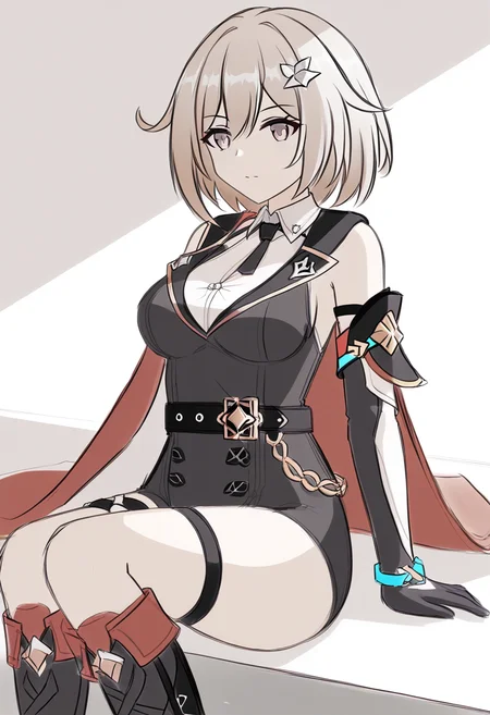 1girl, solo,
<lora:sketchart:1> sketchart,
<lora:Char-HonkaiSR-Topaz-Pony-V1:0.6> topaz \(honkai: star rail\)//black gloves, thigh strap, knee boots, hair ornament, unitard, detached sleeves, badge, side cape, sleeveless shirt, belt