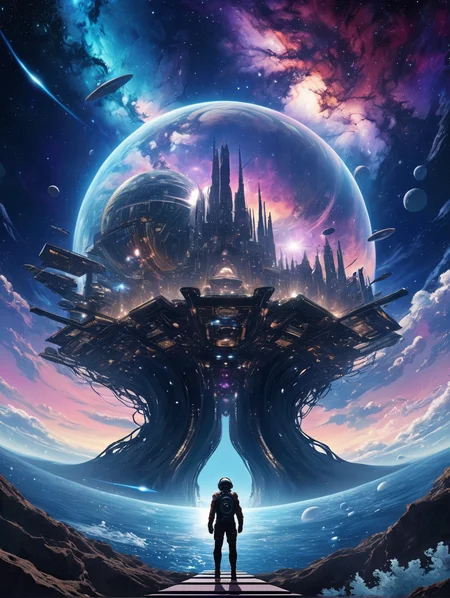 Virtual Reality Utopia Transcends atop the Nebula Ocean in the style of [Kentaro Miura:Baroque:0.6]
