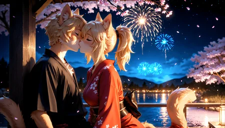 masterpiece, best quality, amazing quality, very aesthetic, high resolution, ultra-detailed, absurdres, newest, scenery, furry, anthro, {Prompt}, BREAK, detailed background, detailed hair, depth of field, detailed fluffy fur, photorealistic details, night time,HDeyes,
BREAK
Page,1girl,solo,furry female,cat girl,blonde hair,ponytail,cat ears,animal ear fluff,animal nose,body fur,cat tail,eyes closed
BREAK
male furry,sitting with man,no collar,
Red Kimono, kiss,watching fireworks, outside, cherry blossoms, night, people blurred out, head shot, veiwed from side, close up, (focus face:1.3),