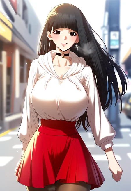 score_9, score_8_up, score_7_up, score_6_up, source_anime, rating_explicit, <lora:neg4all_bdsqlsz_V3.5:2.0>1girl, (solo:1.2), huge breasts, <lora:Moon Boreumponyxl:1>long hair, blunt bangs, black hair, black eyes, earrings, brown eyes, black choker, white hoodie, collarbone, cleavage, long sleeves, high-waist skirt, red skirt, pantyhose, smile, Narrow shoulders, heavy breathing, steaming body, street, outdoor, looking at viewer, (running:1.1), motion blur, close-up