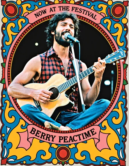 GroovyAesthetica, 1970s style, Using a 35mm lens, take a Kodachrome photograph.
<break>
A psychedelic poster for a 1970s-era music festival, featuring a colorful illustration of a musical performance and a swirly, paisley-inspired background.. The text says, "Now at the Festival" "BERRY PEACETIME"