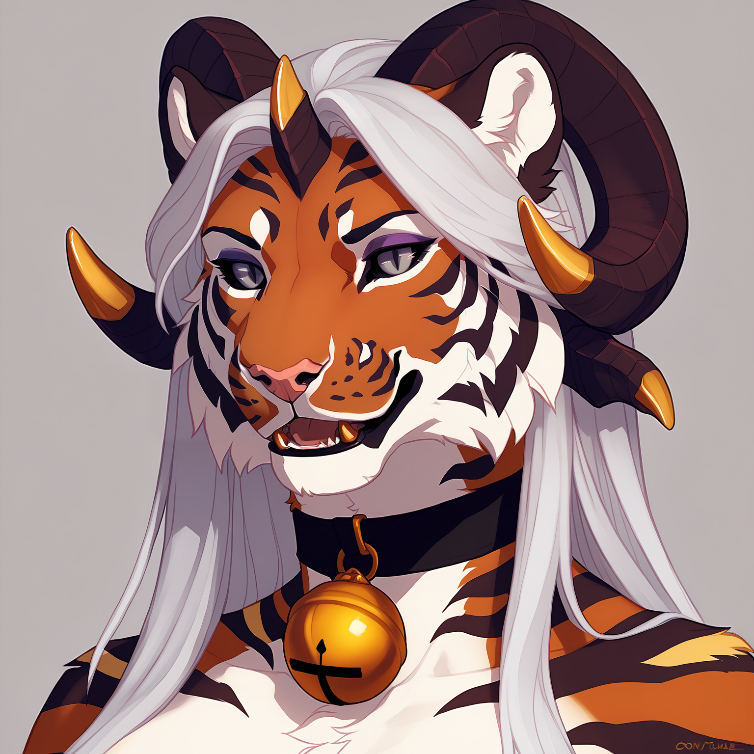 score_9, score_8, score_8_up, score_7_up, score_6_up, score_5_up, score_4_up, rating_safe,  source_furry,  simple background,  demon tiger hervy,  anthro , wavy flowy white hair,   gorgeous gray eyes with slit pupils and black sclera, makeup,  large breasts, round bell collar, curvy figure, by oouna and by spottyjaguar and by snowskau,
<lora:add_detail:1> <lora:PDXL_artist_tags_v2_big:1> <lora:hervy_PDXL:1>