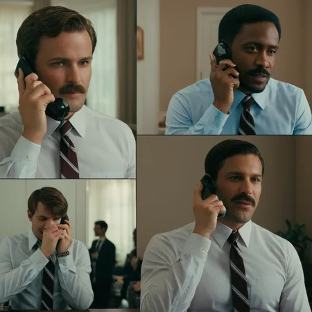 cinematic film still of <lora:Split Screen Style:1>
two different images of a man in a suit talking on a phone,Split Screen Style,smile,brown hair,shirt,black hair,hat,holding,jewelry,white shirt,male focus,multiple boys,necktie,collared shirt,dark skin,2boys,necklace,bracelet,facial hair,phone,sunglasses,dark-skinned male,cellphone,beard,holding phone,realistic,mustache,striped necktie,talking on phone , division of the screen, half screen, several simultaneous images, shallow depth of field, vignette, highly detailed, high budget, bokeh, cinemascope, moody, epic, gorgeous, film grain, grainy
