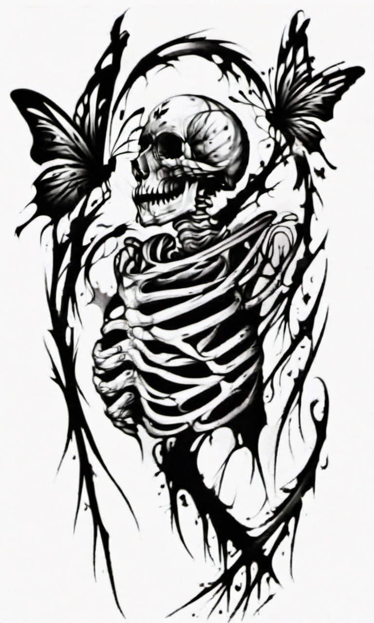 A skeleton was bleeding, holding a sickle, and butterflies were flying,draktattoo,white background <lora:diablo-1119:1>