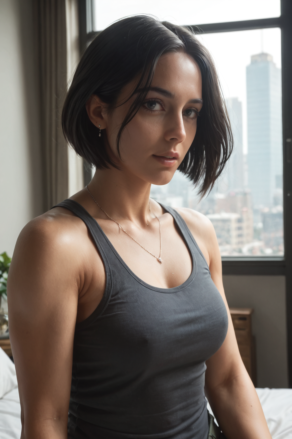core_9, score_8_up, score_7_up, score_6_up, masterpiece, ultra quality, crystal clear, 8K UHD, high-resolution videogame graphics, female, wearing a dark grey tank top, Modern bob hairstyle, <lora:Sin_Nombre_P:1>, Sin_Nombre