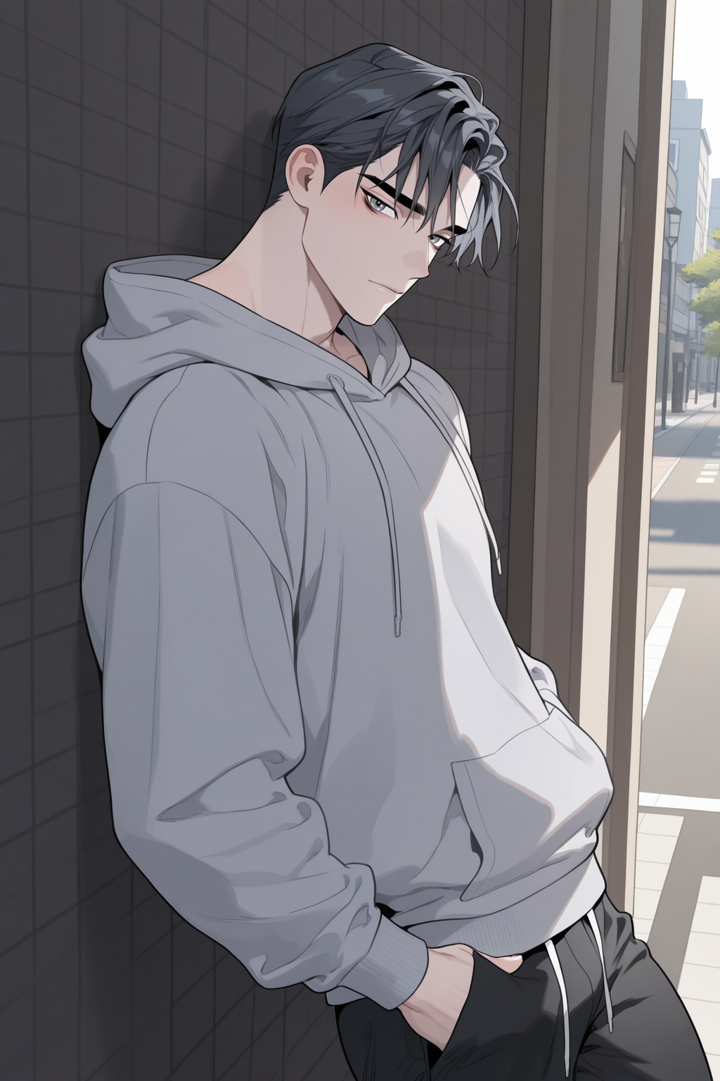 <lora:define relationship-IL-000008:0.8>,casual,karlyle,grey hair,green eyes,hoodie,hand in pocket,on street,leaning back,back against wall,looking at viewer,1boy,solo,yaoi,bara,male focus,masterpiece,best quality,amazing quality,nsfw,uncersored,highres,best quality,amazing quality,best aesthetic,absurdres,