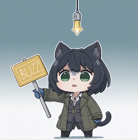 masterpiece, best quality, arikuigames1105, chibi BREAK (chibi, tail, cat ears, holding a yellow lighting bolt that has a plug, there is a sign with text "buzz" on it, pointing at sign, scared:1.4), (navy blue gradient background:1.2), chibi pd3_joy, solo, 1girl, solo, gloves, jewelry, green eyes, necklace, coat, pants, blue gloves, full body, arms, black hair, vest, shirt, black footwear, short hair, belt, boots, <lora:Arikuigames1105IllustriousV1:1>, <lora:PAYDAY_3_-_Joy_ILXL:1>
