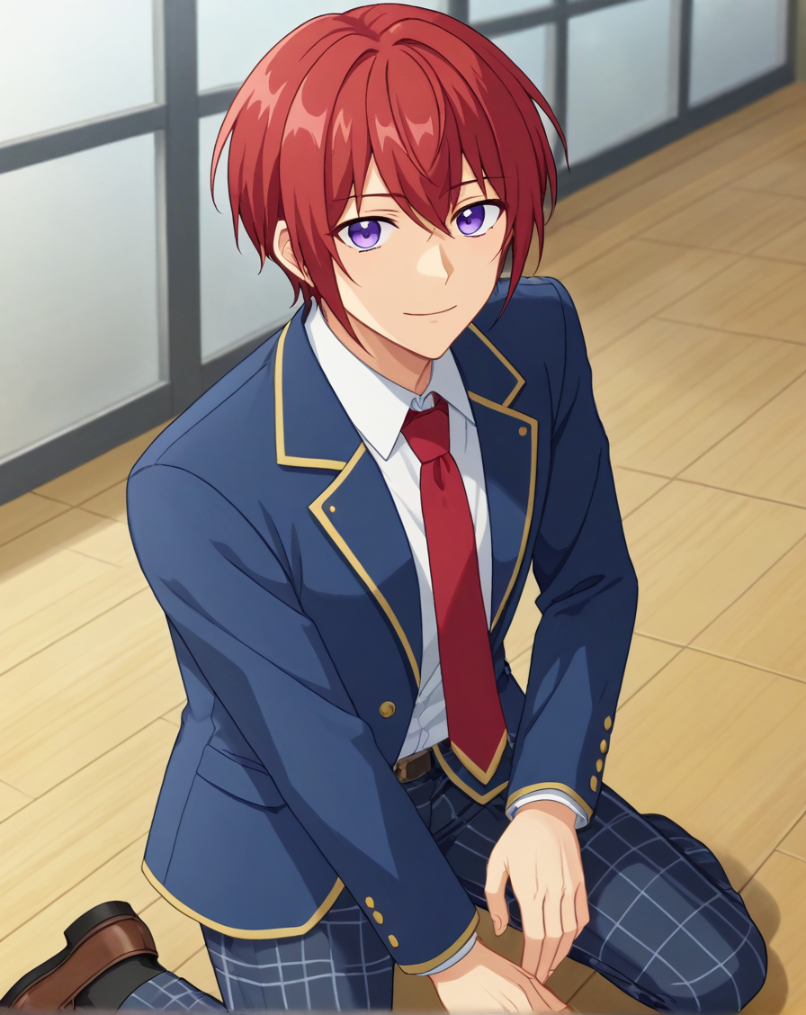 score_9, score_8_up, source_anime, anime screencap, original style, depth of field, BREAK, rating_safe, 1boy, solo, male focus, <lora:suou_tsukasa_pony:1> suou_tsukasa_pony, red hair, purple eyes, bangs, looking at viewer, yumenosaki school uniform, blue jacket, red necktie, white shirt, collared shirt, plaid pants, black pants, kneeling, hands on own knees, facing viewer, <lora:sdxl_lightning_8step_lora:1>  <lora:xl_more_art-full_v1:0.5>