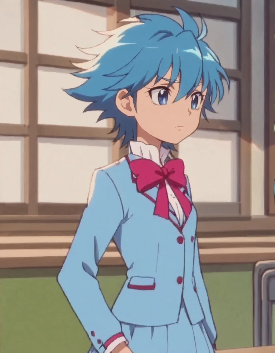 score_9, score_8_up, score_7_up, anime screencap, solo,1girl,nishijimawaon, school uniform,blue hair,blue eyes, blue shirt, skirt, pink bow,long sleeve,cowboy shot,small breasts<lora:nishijimawaon:0.8>,