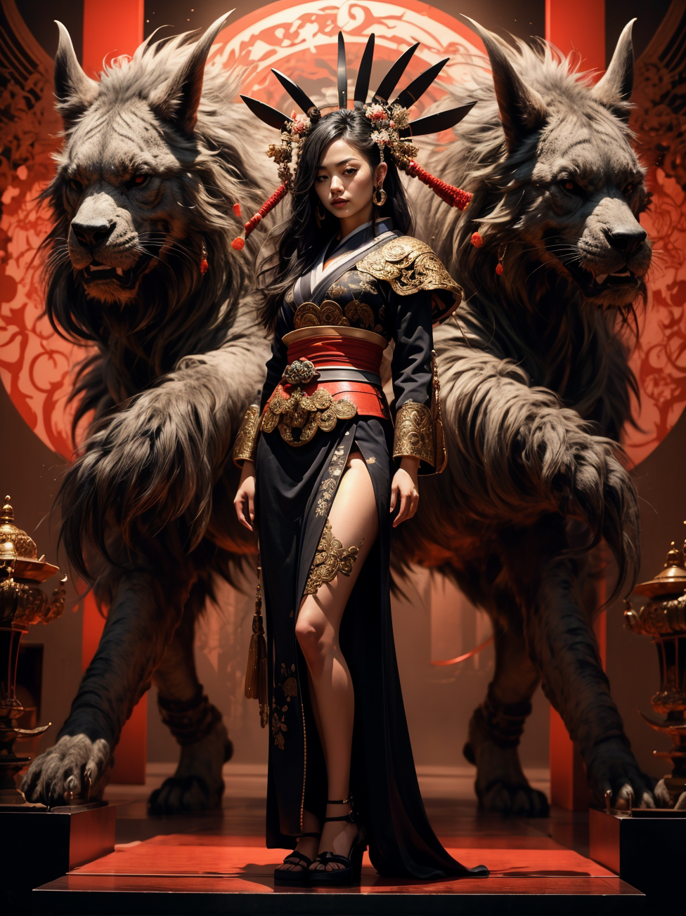 <lora:GPTS6 Hella-sthetic_424353:0.8> (full body shot:1.2) samurai, kunoichi, vantablack, armor, filigree, japanese, long hair, bamboo, bonsai, temple, intricate, elegant, highly detailed, symmetry, magical atmosphere, sharp focus, majestic, very coherent, radiant, advanced, cinematic, artistic, fine detail, winning, beautiful, stunning, dramatic light, designed, rich deep colors, perfect professional background, ambient, tailored set composition