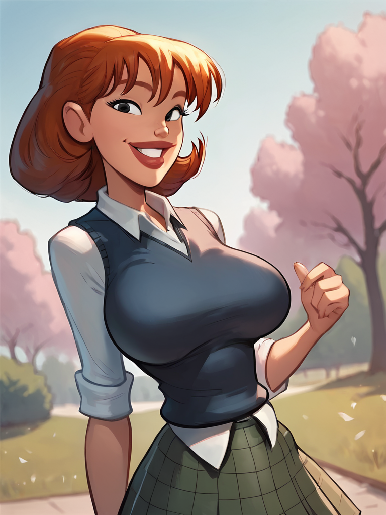 sharona, 1girl, solo, breasts, large breasts, skirt, school uniform, lips, sweater vest,looking at viewer, smile,,   outdoors, <lora:SharonaPony1.0:1>, score_9, score_8_up, score_7_up, score_6_up  <lora:Smooth Anime Style LoRA XL:1>