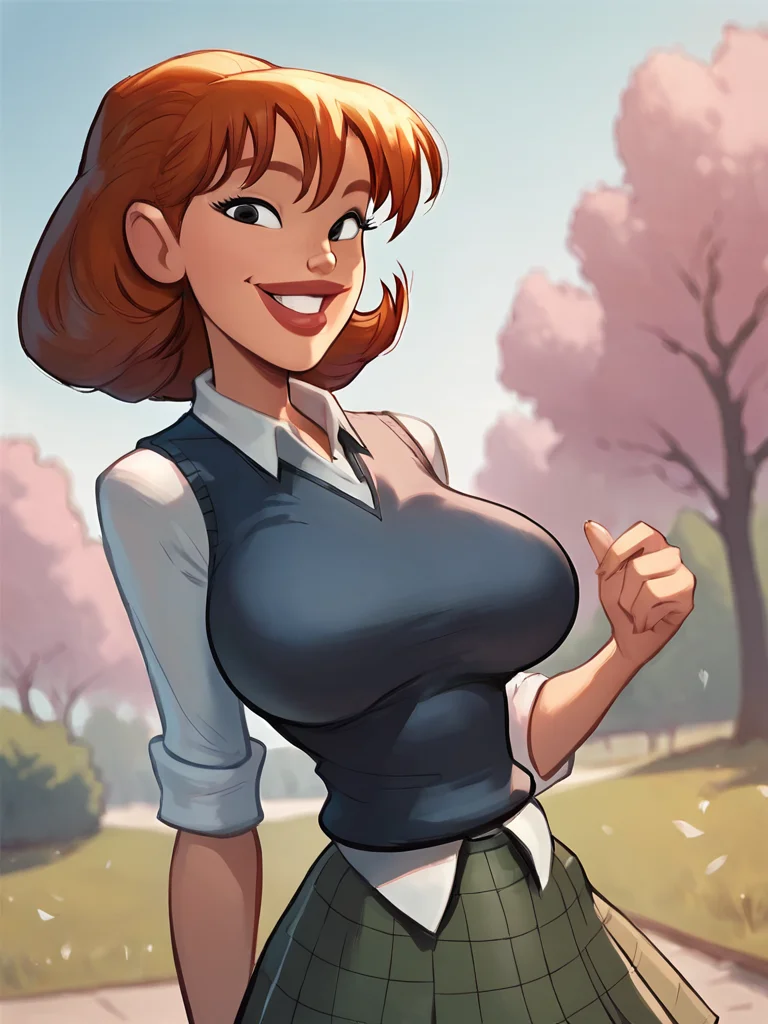 sharona, 1girl, solo, breasts, large breasts, skirt, school uniform, lips, sweater vest,looking at viewer, smile,, outdoors, <lora:SharonaPony1.0:1>, score_9, score_8_up, score_7_up, score_6_up <lora:Smooth Anime Style LoRA XL:1>
