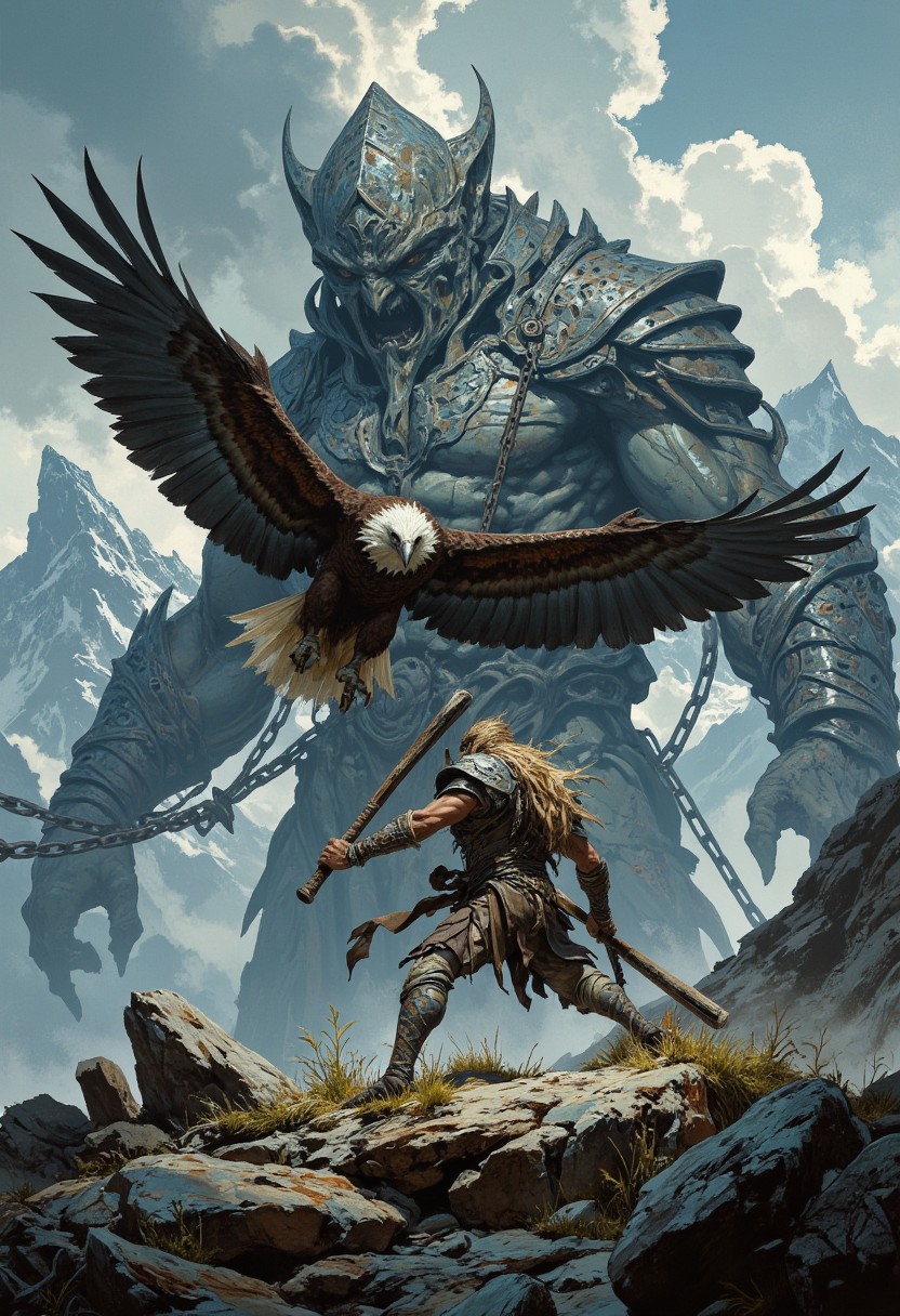 score_9, score_8_up, score_7_up, boris vallejo style, 8k high quality digital painting, masterpiece, very detailed, ultra realistic, (best quality) very detailed epic masterpiece, In the background we see a gigantic muscular giant chained to a mountain, in the foreground on a rocky plateau a muscular warrior fights with a club against a huge eagle, action, movement, depth effect, depth of field realistic, realism