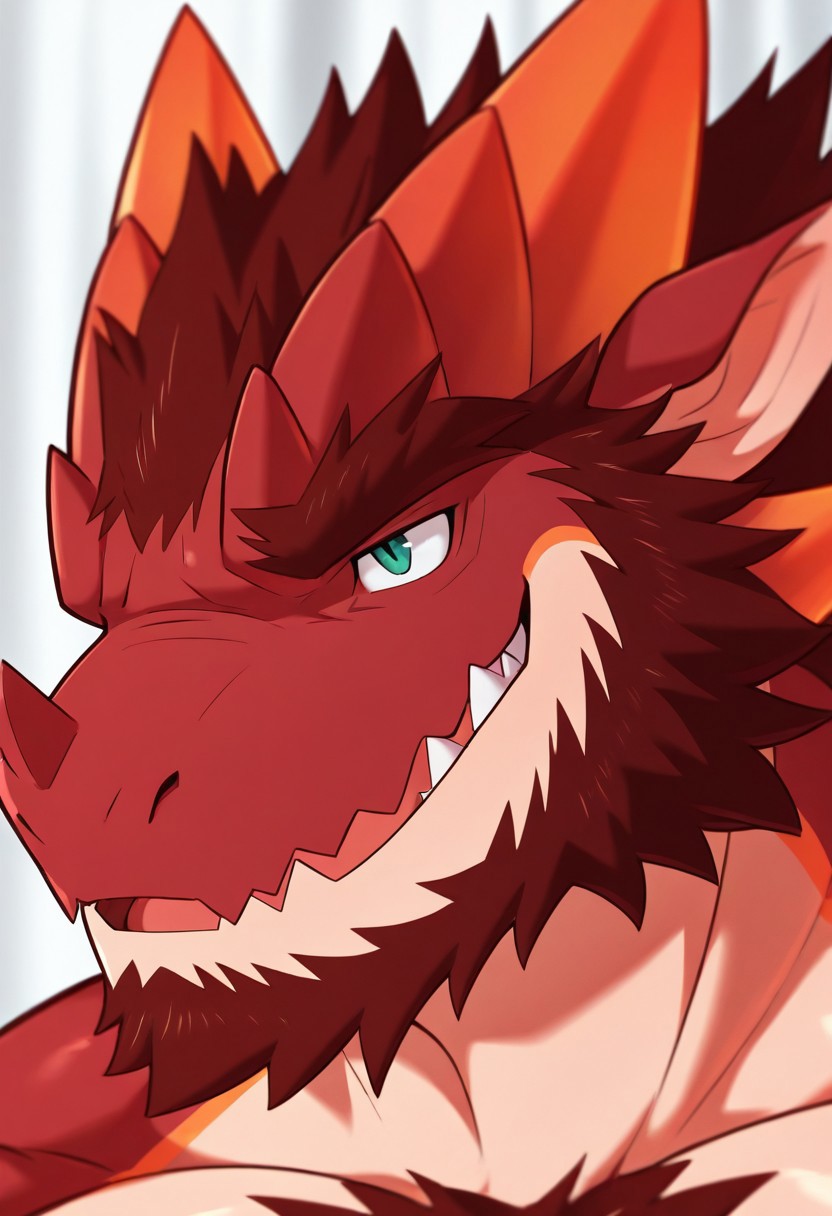 masterpiece, best quality, amazing quality, absurdres, newest, perfect quality, perfect anatomy, 4k, 8k, 1boy, solo, male focus, BDSigmundII, daddy dragon, red scale, musclebear, green eyes, close-up, close mouth, shirtless