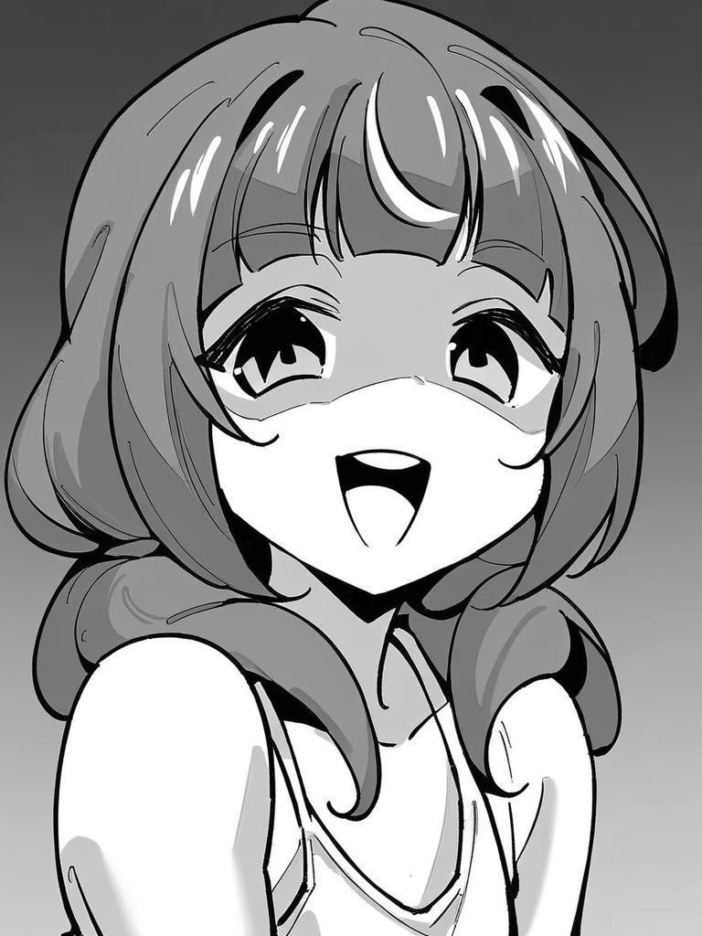 score_9, score_8_up, score_7_up,  
1girl, monochrome, utsuho tk, grey hair, flat chest, low twintails,

upper body, white tank top, smile, open mouth, shaded eyes, black eyes, looking at viewer,