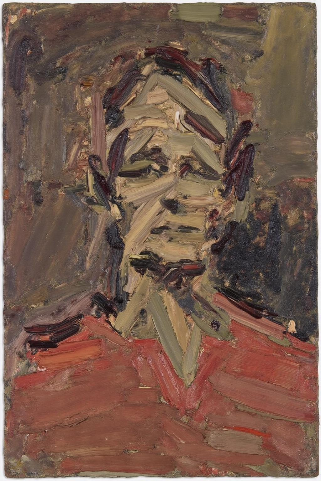 fraauer1 painting of the portrait of a man wearing a red shirt. The artwork features a textured, layered composition with a palette dominated by earthy tones of browns, dark greens, and muted reds. The painting appears to be a mix of thick, heavy brushstrokes, giving it a rough, almost chaotic texture. <lora:fraauer1_cap_d6a3:1.0><lora:811779953445209465:0>