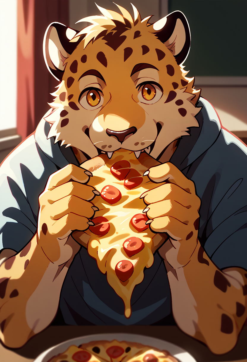 score_9, score_8_up, score_7_up, high quality, hires, by fruitz, furry, male, leopard, solo, eating, pizza slice, looking at viewer, happy, inside, <lora:Fruitz_style:1.2>