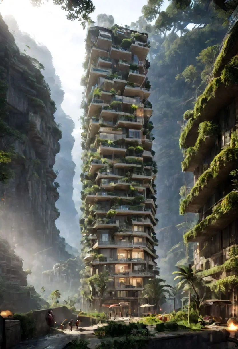 (POV view , DOF, first people view from the entrance, low angle shot:1.4), in the rainforest, mist, (Ancient civilization, Alien Prometheus movie scene, dune movie scene:1.5), (The colonial city of the future, in the mist-filled Grand Canyon, on an unknown Earth-like planet, 2 moon on sky, Spaceship flight connects colonies, waterfulls:1.3), (Machu Picchu, a mountain settlement, incredibly spectacular:1.2), (Mario Botta:1.3), (avant-garde, future, reality, science fiction, photorealistic), (modern architecture:1.2), White limestone and black granite, fountain, waterfall, landmark, square, path, narrow street, (Large Files, Ultra Realistic, 8K, 16k, FHD, HD, VFX, Perfect, Photography, composition, Architecture Sales Photography, Architecture Competition, Ultra High Resolution, Cinematography, High Resolution Image:1.1), (dramatic lighting, direct sunlight, ray tracing, clear shadow:1.2), (real landscape:1.1), (blurred background:1.0), (urban background, more_details) ,
extremely detailed, clear, extrusionbuilding, stacked, horizontal