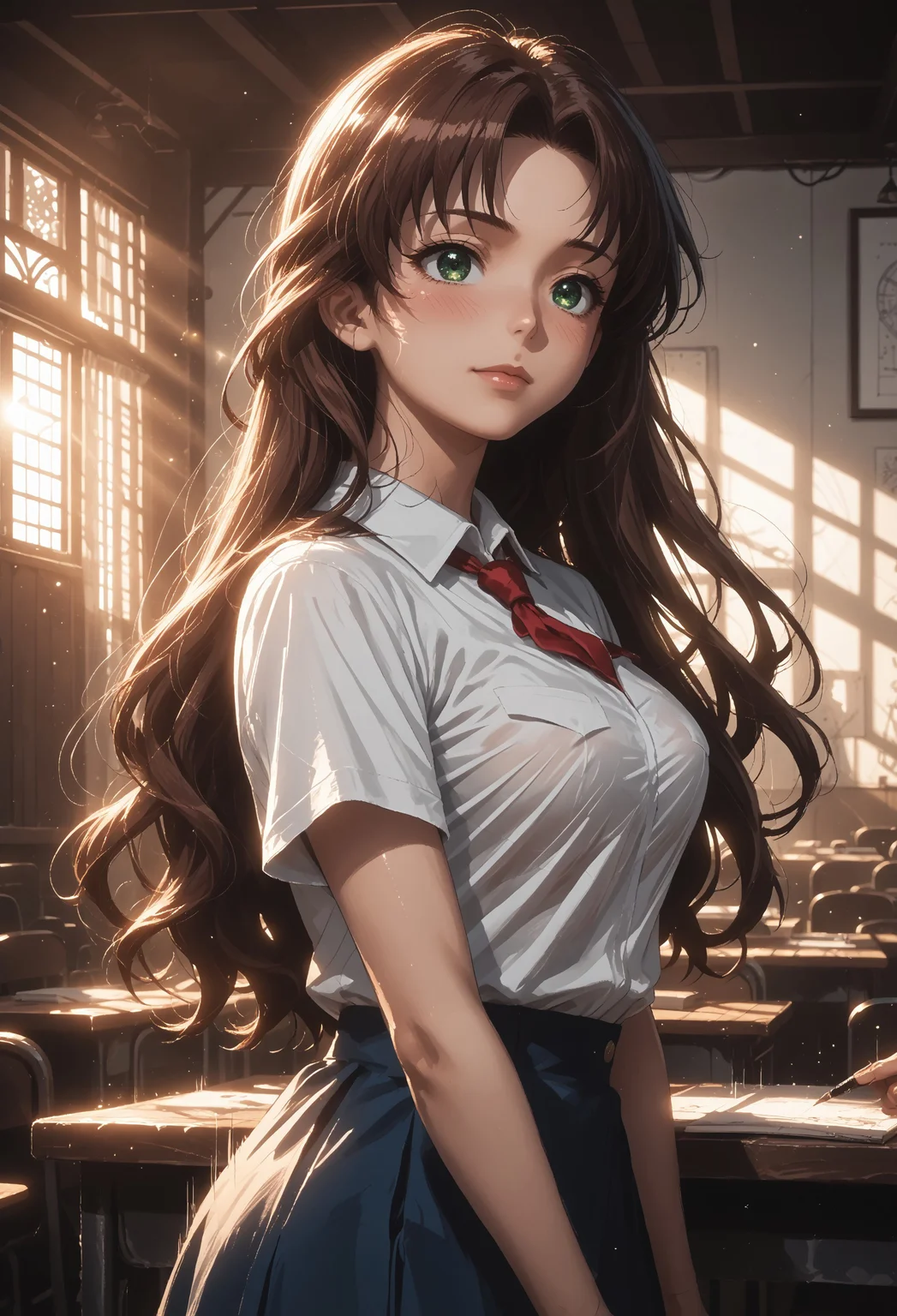 safe_pos, score_9, score_8_up, score_7_up, 1 girl, (lensflare, godrays, raytracing:1.1), sm_an_stl, source_anime, anime screencap, anime, animification, dramatic lighting, (anime_screencap, source_anime, sketch, drawing, lineart:1.2), blurry background, bokeh, dof, light particles, aesthetic, raytracing, photorealistic, (bouncing breasts, motion lines, motion blur:1.2), eyecatching, highly detailed skin, glistening skin, dynamic angle, dynamic pose, side view, five fingers, perfect frame, beautiful, detailed shadows, glistening skin, 2d, lineart,
(amazing background, detailed background:1.2),
detailed eyes, detailed eyes, beautiful eyes, orgasm, happy, gorgeous girl, cute face, cute girl, bumpy areola, blush, big ass, wide hips, thick thighs, horny, large breasts,
od, long hair, brown hair, green eyes, very long hair, 1girl, solo, curvy, thick, thicc, milf, milf woman, red nectie, white t-shirt, cleavage, blue skirt, flirtatious face, flirt, flirty