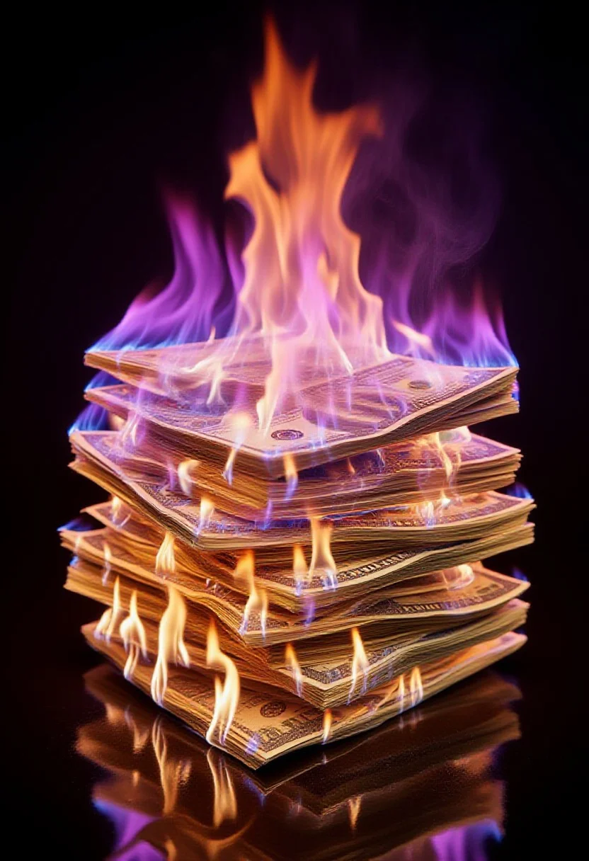 A big stack of dollar bills completely engulfed in flames, inferno, blazing, concept art, masterpiece, perfect lighting, purple and green flames, 8k, absurdres,