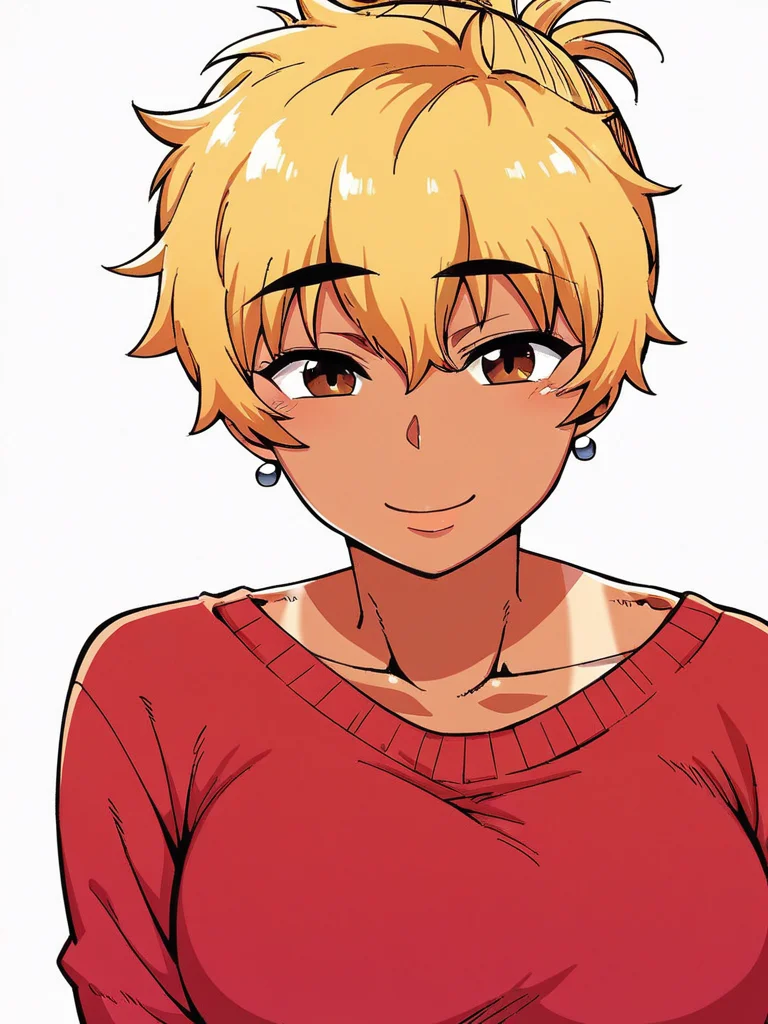 score_9, score_8_up, score_7_up,
1girl, akina tk, mature female, folded ponytail, one-piece tan, large breasts, blonde hair, brown eyes,
upper body, smile, looking at viewer, closed mouth, red sweater, long sleeves, white background,