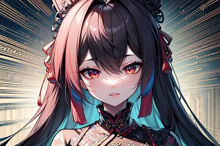 highly insanely detailed, masterpiece, top quality, best quality, highres, 4k, 8k, RAW photo, (very aesthetic, beautiful and aesthetic),  
(code_style,codestyle),traditional chinese text,(sympattern,geometric pattern),symbolic patterns,Doodle,vibrant,colorful, 
<lora:CodeStyle (half generic class)_564920:0.5>, 
(1girl:1.3), 1other, 
at midnight,âââ