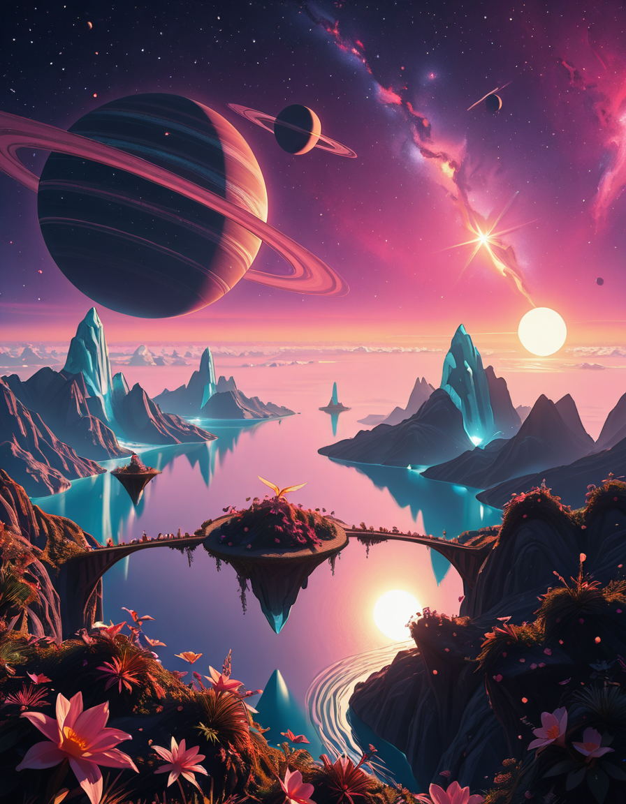 A breathtaking, high-resolution photograph of a celestial paradiseâa stunning, habitable planet floating in the vastness of space. The sky is a mesmerizing blend of deep purples, blues, and pinks, illuminated by twin suns casting golden light over the landscape. Towering crystal mountains shimmer in the distance, reflecting the vibrant hues of the nebula-filled sky. A vast, glowing ocean stretches across the horizon, its surface gently rippling with bioluminescent waves. Floating islands covered in lush, alien vegetation hover above the water, connected by natural bridges of luminescent vines. Exotic, radiant flowers bloom in every color imaginable, while gentle, ethereal creatures with translucent wings glide through the air. In the sky, a massive ringed gas giant looms majestically, its swirling clouds casting soft shadows over the dreamlike terrain. The air shimmers with floating particles of light, creating a surreal, otherworldly ambiance. The entire scene feels like a cosmic utopiaâtranquil, awe-inspiring, and untouched by time.
<lora:SDXLFaeTastic2400:0.4> <lora:extremely_detailed:0.4> extremely detailed,Celestial p4r4d1s3, <lora:Celestial_p4r4d1s3-i:1>, Masterpiece,best quality,hi res,8k,hi res,8k,award winning,(sharp focus, intricate, highly detailed),