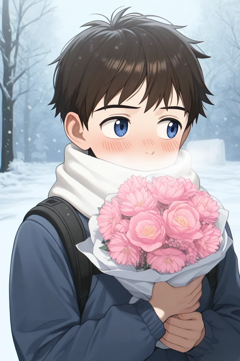 realistic shading, natural lighting, snowing, snow, winter theme, breath, holding pink flower bouquet, male focus, looking away, shy, expressive face, naotafc, brown_naotafc_male hair, blue_naotafc_eyes, covered mouth, 1boy, blush, winter clothes, shiny skin, white scarf, jacket, outdoors, tree, romantic, intricately detailed illustration, depth of field, atmospheric perspective, masterpiece, best quality, amazing quality, very aesthetic, absurdres, newest, anime screencap