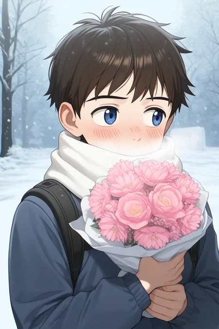 realistic shading, natural lighting, snowing, snow, winter theme, breath, holding pink flower bouquet, male focus, looking away, shy, expressive face, naotafc, brown_naotafc_male hair, blue_naotafc_eyes, covered mouth, 1boy, blush, winter clothes, shiny skin, white scarf, jacket, outdoors, tree, romantic, intricately detailed illustration, depth of field, atmospheric perspective, masterpiece, best quality, amazing quality, very aesthetic, absurdres, newest, anime screencap