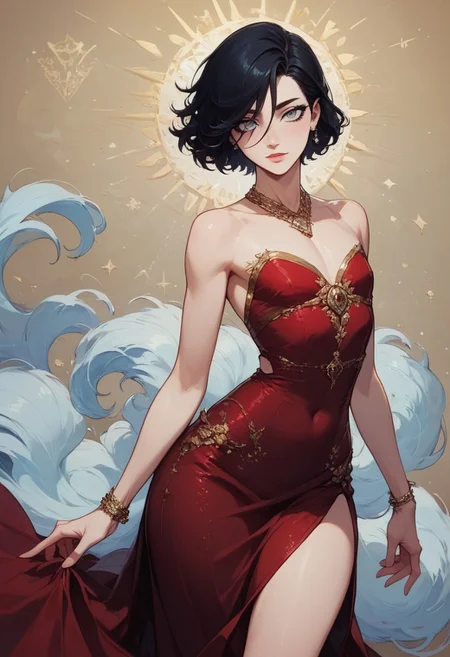 score_9, score_8_up, score_7_up, 1boy, femboy, otoko no ko, short hair, bob cut hair, black hair, grey eyes, gray eyes, feminine face, toned body, Shelly, long red dress, ball gown, flowing gown, side slit, elegant dress, expensive jewelry, highly detailed, intricate, zzCitronCAT, sexy pose, haughty expression, cowboy shot, modelshoot, abstract background, solo