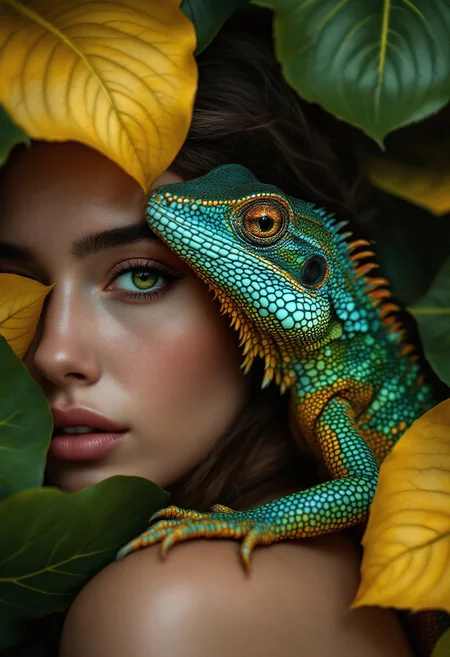 A captivating ultra-realistic photoshoot. A colorful lizard, with intricate scales and a detailed head, rest on a woman's shoulder and the side of her face. One eye is visible and is detailed, with a deep green hue and visible eyelashes. The lizard's head is positioned near the eye, and its body on her shoulder, creating an almost protective or enveloping effect. The background is filled with large, vibrant green and golden leaves, which add a sense of depth and contrast to the image. The overall color palette is rich, with shades of green, brown, and gold dominating the scene.