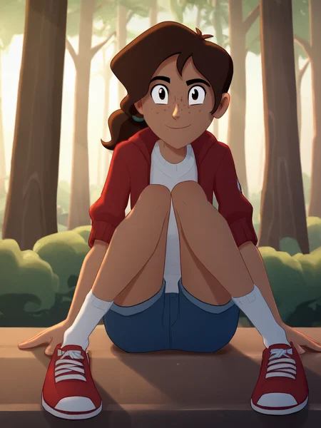 score_9, score_8_up, score_7_up, BREAK, Jun3D3lT0r0, 1girl, solo, brown hair, brown eyes, ponytail, freckles, white shirt, red jacket, denim shorts, white socks, red sneakers, smile, looking at viewer, sitting, forest, sunlight, shadows, natural lighting, <lora:June Del Toro:1>