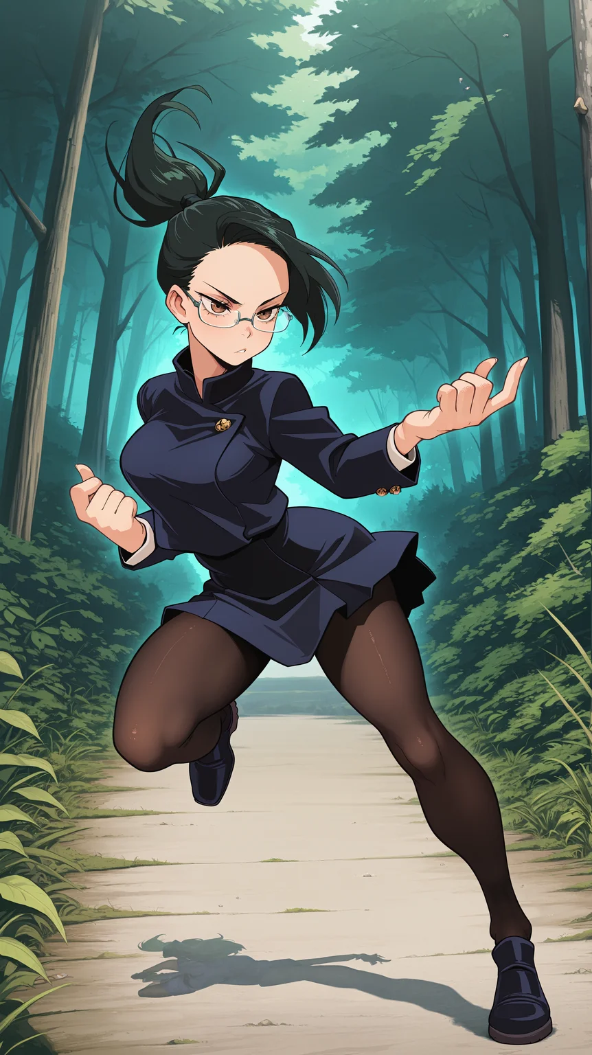 masterpiece, best quality, amazing quality, girl, <lora:Crestyle_Illu_epoch_15:0.8>, Crestyle, dynamic pose, beckoning, <lora:Maki Zenin - Illu:0.8> dark green hair, ponytail, glasses, brown eyes, blue jacket, blue skirt, jujutsu tech uniform, pantyhose, nature,