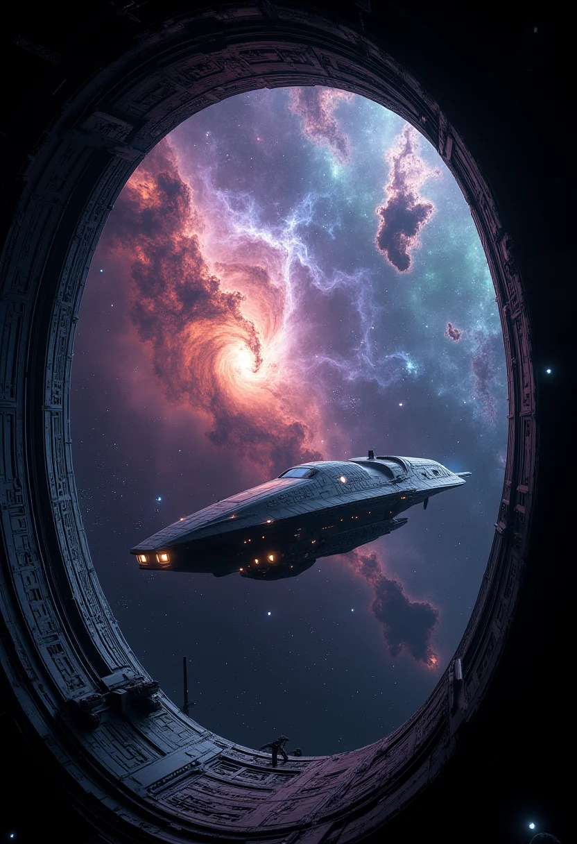 A masterpiece of sci-fi style created by the collaboration of Rembrandt van Rijn and Wassily Kandinsky.    In this sci-fi photograph, we see a vast expanse of space as viewed from within a sleek, futuristic spacecraft. The hull of the ship is a dark, matte-black color with intricate patterns etched into its surface, hinting at advanced technology and alien influences. Through the large porthole windows, a mesmerizing array of celestial bodies can be seen: distant galaxies swirl in vibrant hues of purple, blue, and green, while scattered stars emit soft, ethereal light.At the center of this cosmic dance is a massive, glowing nebula, its colors ranging from deep crimson to pale lavender. The nebula’s tendrils stretch out like ghostly fingers, almost as if reaching toward the spacecraft. The ship itself appears to be gliding through these celestial structures with effortless precision, its engines barely visible but clearly active.In the foreground, a series of glowing orbs float around the spacecraft—these could be miniaturized versions of alien technology or perhaps energy particles from interstellar phenomena. The overall atmosphere is one of both wonder and mystery, inviting viewers to imagine the vast and unexplored realms beyond our own universe.    HD32K, hyperdetailed, best quality, midjourneyv6.1.