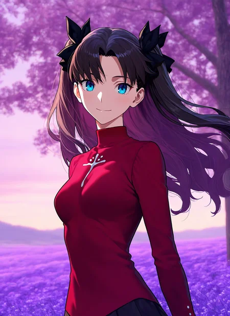artist:, masterpiece, best quality, newest, very awa, absurdres, highres, 1girl, tohsaka rin \(fate stay night\), black hair, twintails, red outfit, blue eyes, smile, looking at viewer, closeup, scnr, flowers, wind, tree, evening, purple hues, hills, detailed, <lora:SDXL\Illustrous\Concept\Scenery_Enchancer-Illu-scnr:1.0>