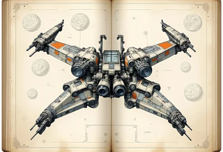 An anatomysketch style illustration of a perfectly symmetrical, top-down view of a futuristic spacecraft. The spacecraft should have a sleek and angular design, with an emphasis on symmetry in its structure, including evenly spaced large cannons, antennas, and thrusters on both sides. The hull should feature a detailed pattern of metallic colors with subtle highlights and shadows to enhance the three-dimensional appearance. The background should be of planets, distant stars,  emphasizing the spacecraft's size and power from the top-down perspective. X-Wing.