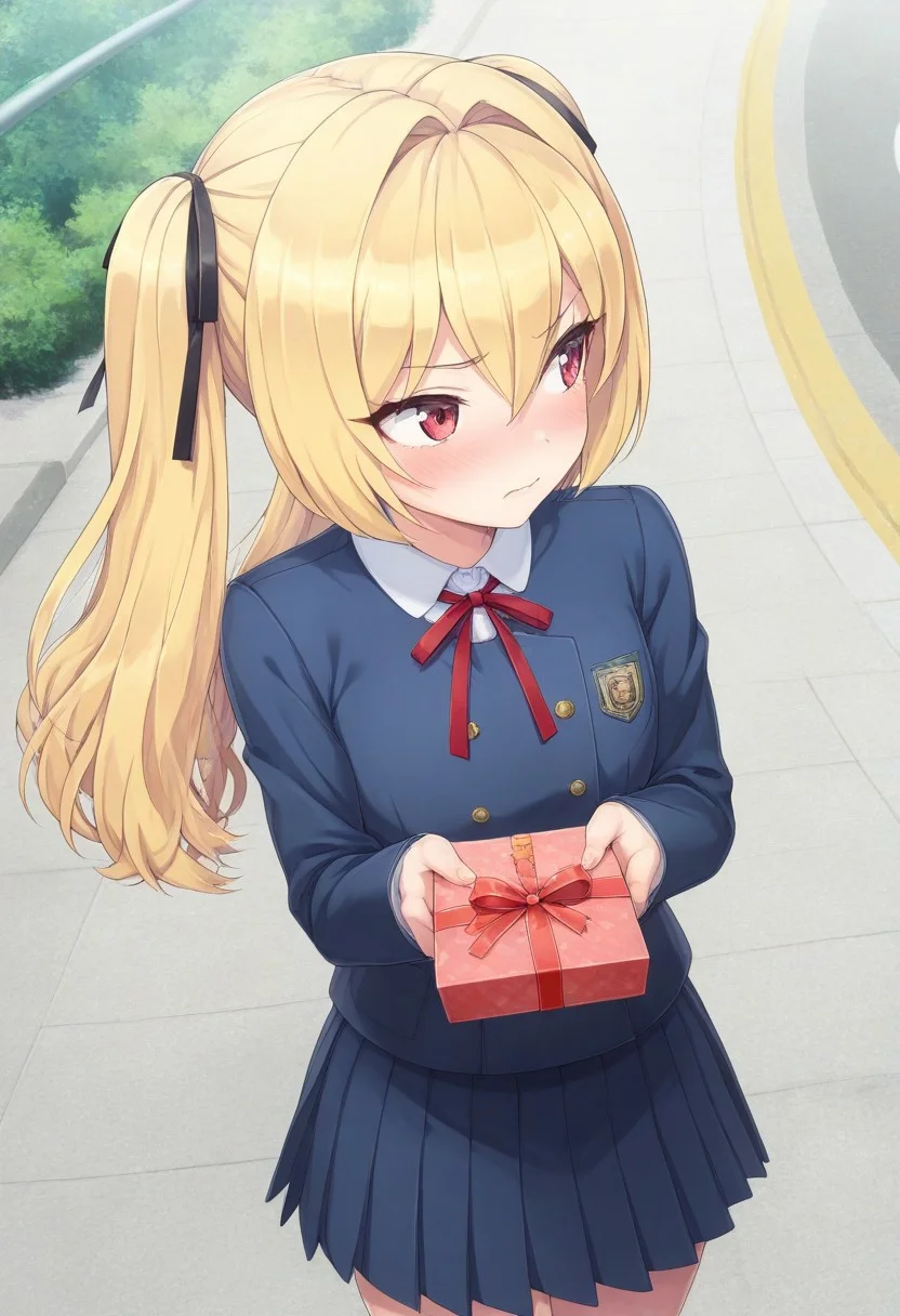 st_ellen.
1girl, solo. kazami ellen, blonde hair, red eyes, school uniform, pleated skirt, red ribbon, averting eyes, blush, detailed face, detailed eyes,
incoming gift, gift box, from above, cowboy shot, school, outdoors, BREAK
masterpiece, best quality, amazing quality, very aesthetic, absurdres, 8k, hd, newest, game cg,