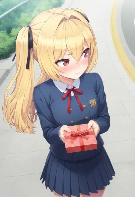 st_ellen.
1girl, solo. kazami ellen, blonde hair, red eyes, school uniform, pleated skirt, red ribbon, averting eyes, blush, detailed face, detailed eyes,
incoming gift, gift box, from above, cowboy shot, school, outdoors, BREAK
masterpiece, best quality, amazing quality, very aesthetic, absurdres, 8k, hd, newest, game cg,